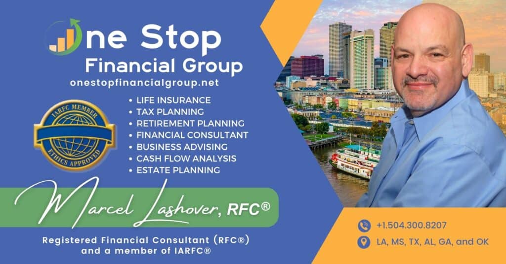 Advertisement for One Stop Financial Group featuring services like life insurance and tax planning. Includes contact information and an image of a city skyline.