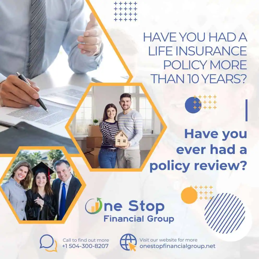 Man signing a document; ad for One Stop Financial Group emphasizing life insurance policy review questions, with images of smiling people and contact information.