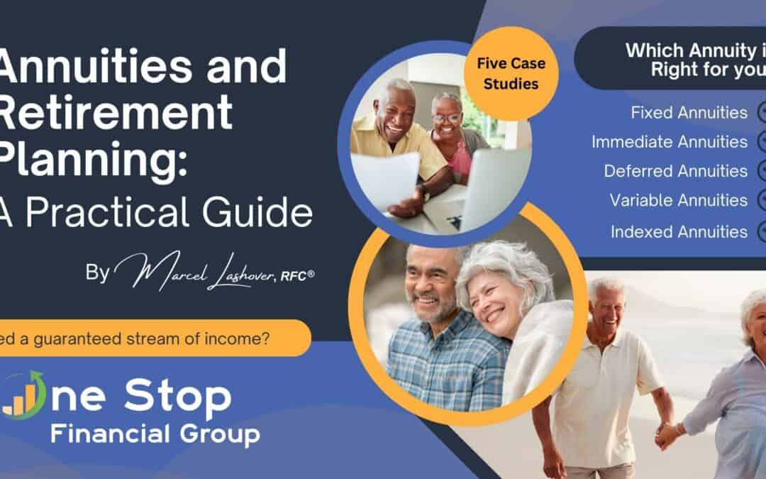 Image of a book cover titled "Annuities and Retirement Planning: A Practical Guide." Includes photos of smiling seniors and a list of annuity types.