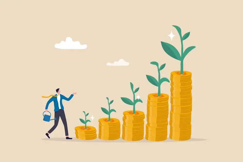 Illustration of a person watering plants growing on increasingly tall stacks of gold coins, symbolizing financial growth and investment.
