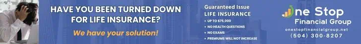Banner ad for One Stop Financial Group offering guaranteed life insurance with no health questions, featuring a stressed person and contact information.