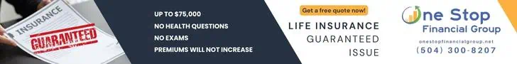 Banner for One Stop Financial Group advertising guaranteed issue life insurance with no health questions, no exams, and fixed premiums, offering up to $75,000 coverage. Contact info included.