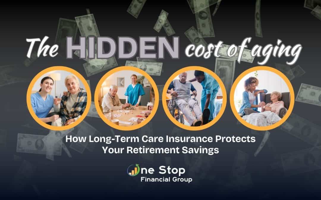 A promotional graphic titled "The Hidden Cost of Aging" shows caregivers assisting elderly people, highlighting how long-term care insurance in Alabama can help protect retirement savings.