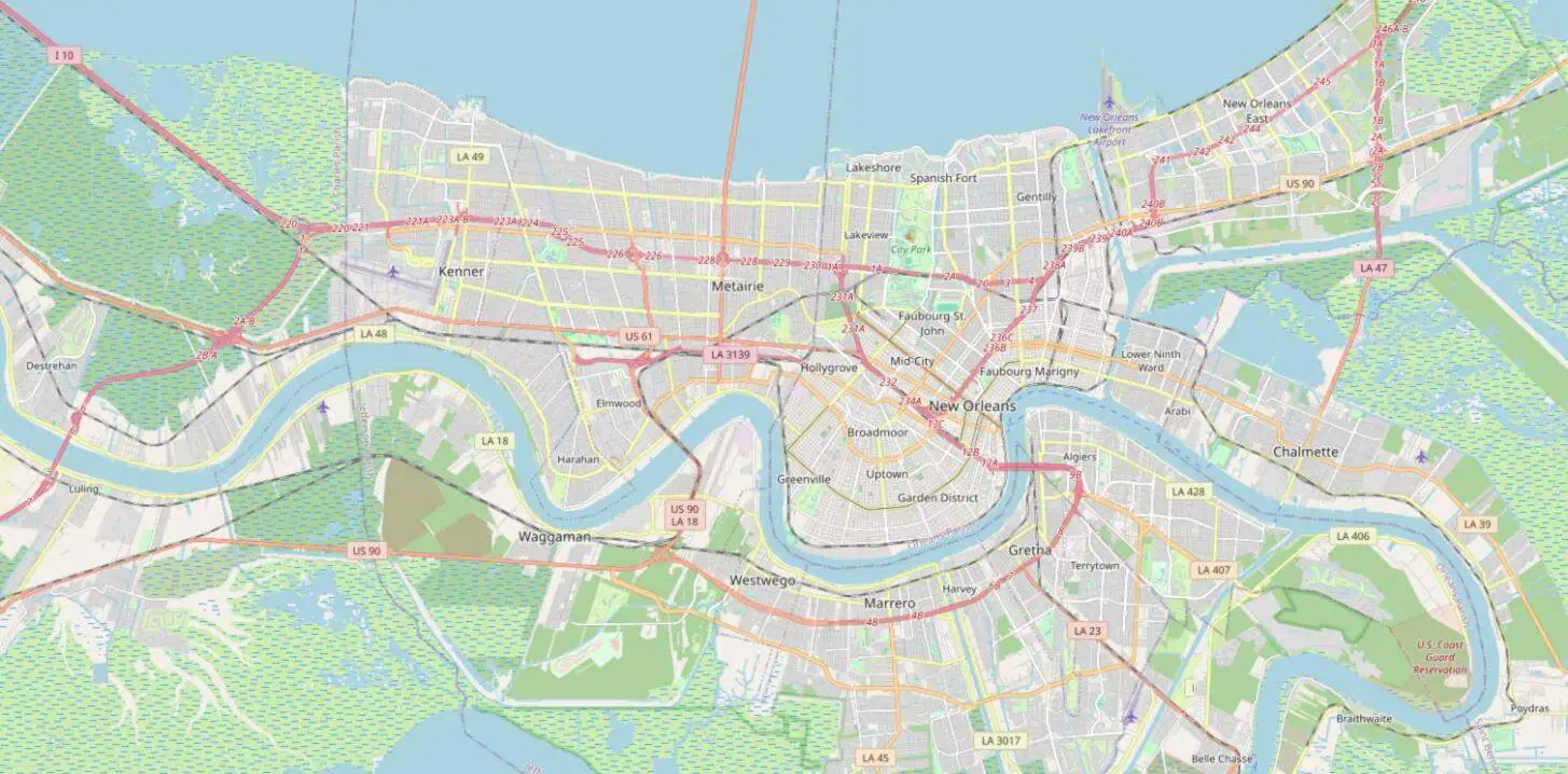 Map of New Orleans showing roads, neighborhoods, waterways, and green areas, with the Mississippi River curving through the city and Lake Pontchartrain to the north.