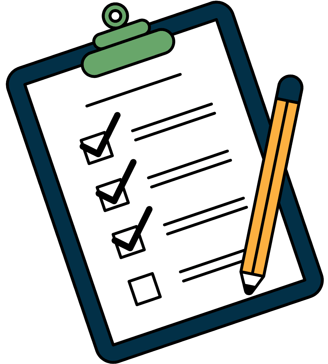 Illustration of a clipboard holding a checklist with three boxes checked and one unchecked, next to a yellow pencil. Illustration of a clipboard holding a checklist with three boxes checked and one unchecked, next to a yellow pencil.