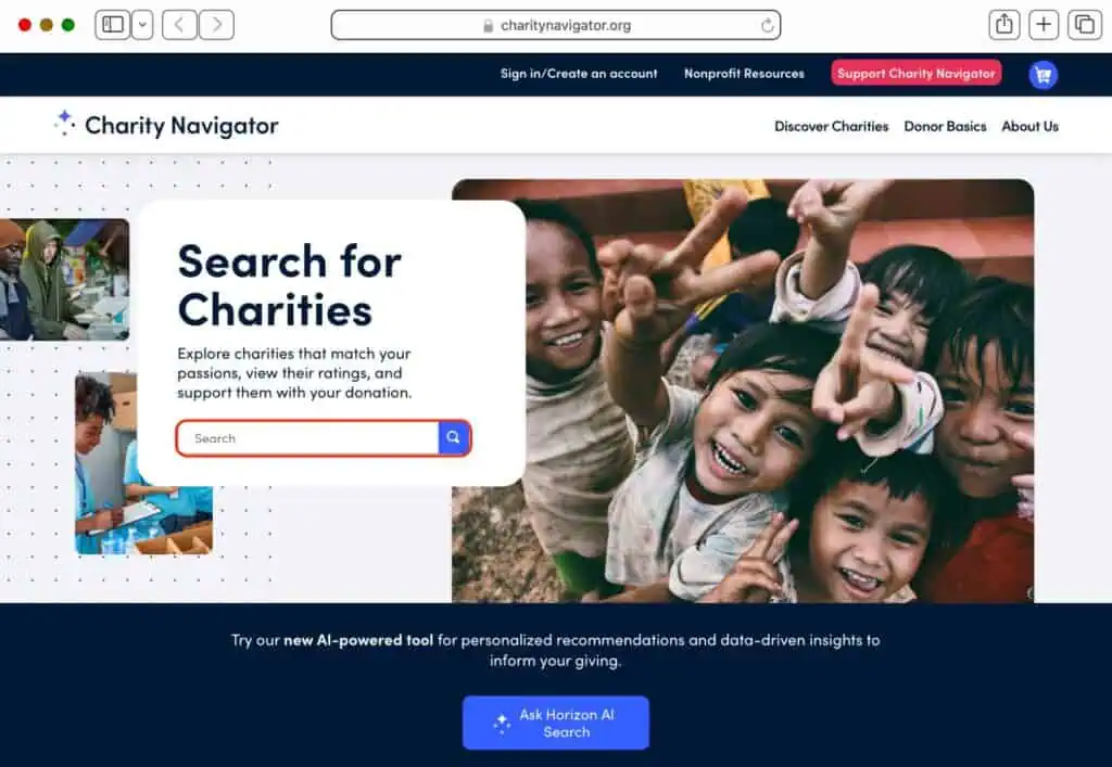 Screenshot of the Charity Navigator website homepage displaying a search tool for finding charities, with photos of smiling children and a navigation menu at the top—plus guidance on charitable giving through life insurance.
