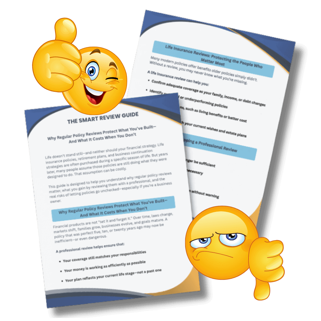 Two brochure pages about life insurance review are shown, with a thumbs-up emoji over one and a thumbs-down emoji over the other. Two brochure pages about life insurance review are shown, with a thumbs-up emoji over one and a thumbs-down emoji over the other.