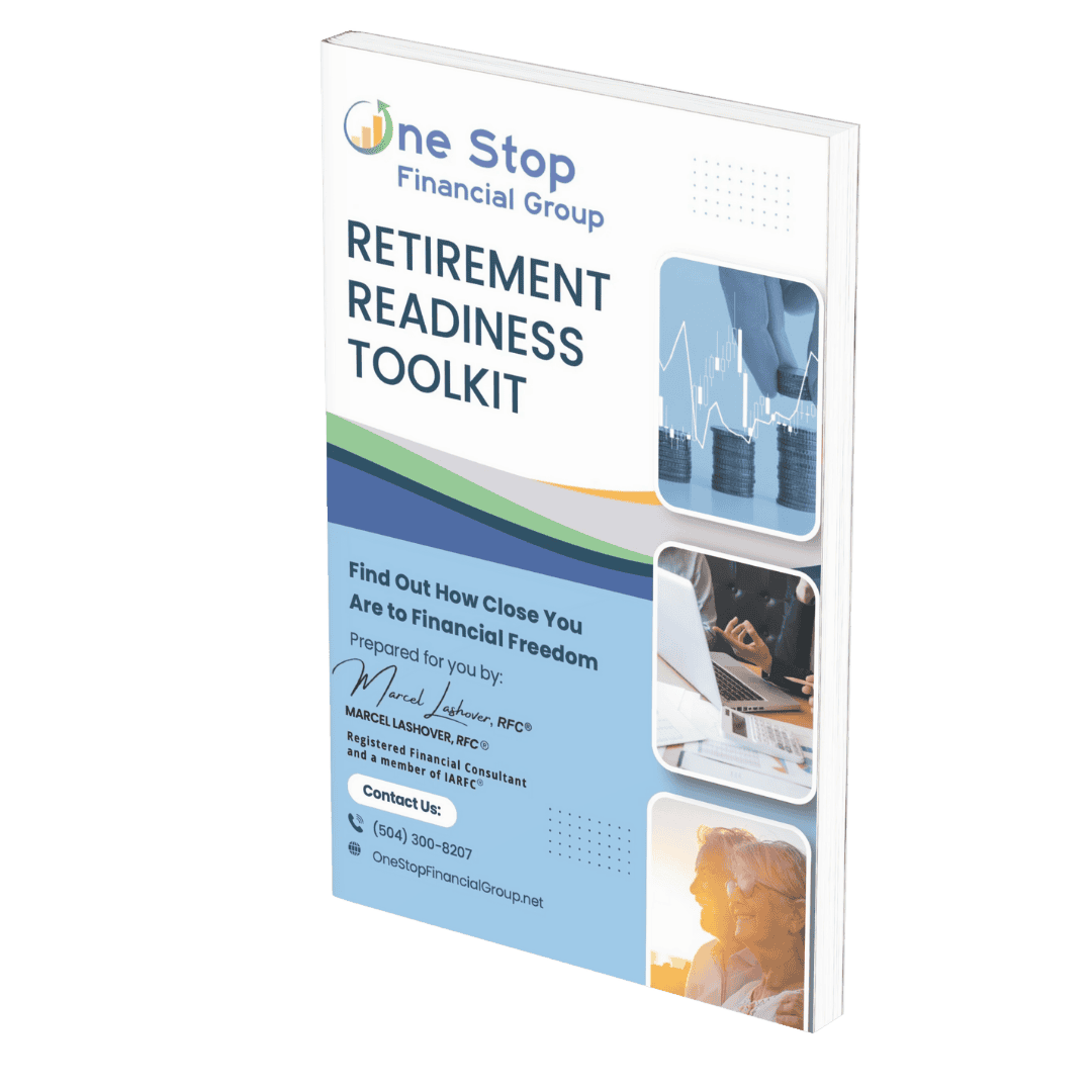 A book titled "RETIREMENT READINESS TOOLKIT" by One Stop Financial Group, featuring graphs, a signature, contact info, and images of a keyboard and an older adult couple. A book titled "RETIREMENT READINESS TOOLKIT" by One Stop Financial Group, featuring graphs, a signature, contact info, and images of a keyboard and an older adult couple.