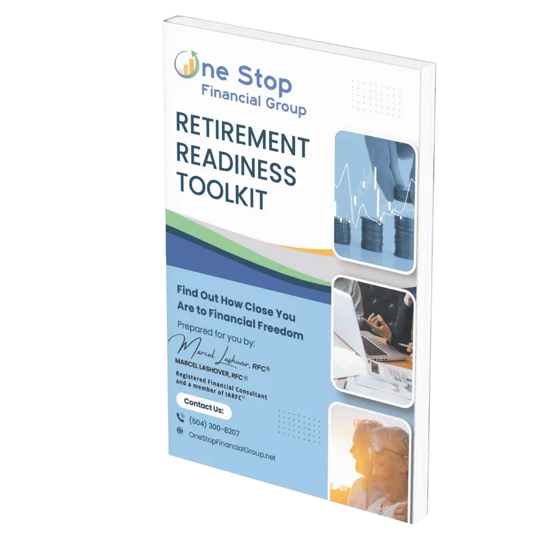 A book titled "RETIREMENT READINESS TOOLKIT" by One Stop Financial Group, featuring graphs, a signature, contact info, and images of a keyboard and an older adult couple.