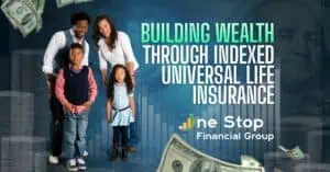 A family of four stands together in front of the text “Building Wealth Through Indexed Universal Life Insurance” with dollar bills and financial graphics in the background.