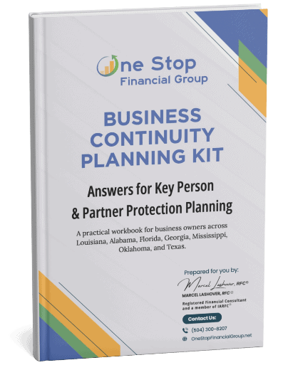 A workbook titled "Business Continuity Planning Kit" by One Stop Financial Group, focused on key person and partner protection planning for business owners in several U.S. states.