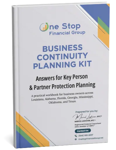 A workbook titled "Business Continuity Planning Kit" by One Stop Financial Group, focused on key person and partner protection planning for business owners in several U.S. states.