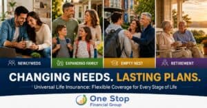 Four panels show couples at different life stages: newlyweds, expanding family, empty nest, and retirement, promoting universal life insurance coverage.