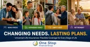 Four panels show couples at different life stages: newlyweds, expanding family, empty nest, and retirement, promoting universal life insurance coverage.