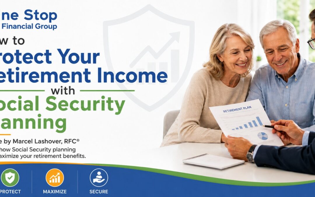 A financial advisor shows a retirement plan document to a smiling older couple; text promotes protecting retirement income by learning when to claim Social Security and maximize Social Security benefits.