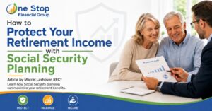 A financial advisor shows a retirement plan document to a smiling older couple; text promotes protecting retirement income by learning when to claim Social Security and maximize Social Security benefits.
