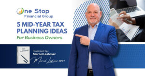 Marcel in a blue suit points to a sign that reads "5 Mid-Year Tax Planning Ideas for Business Owners" by Marcel Lashover, highlighting 401(k) planning for business owners, with financial planning graphics in the background.