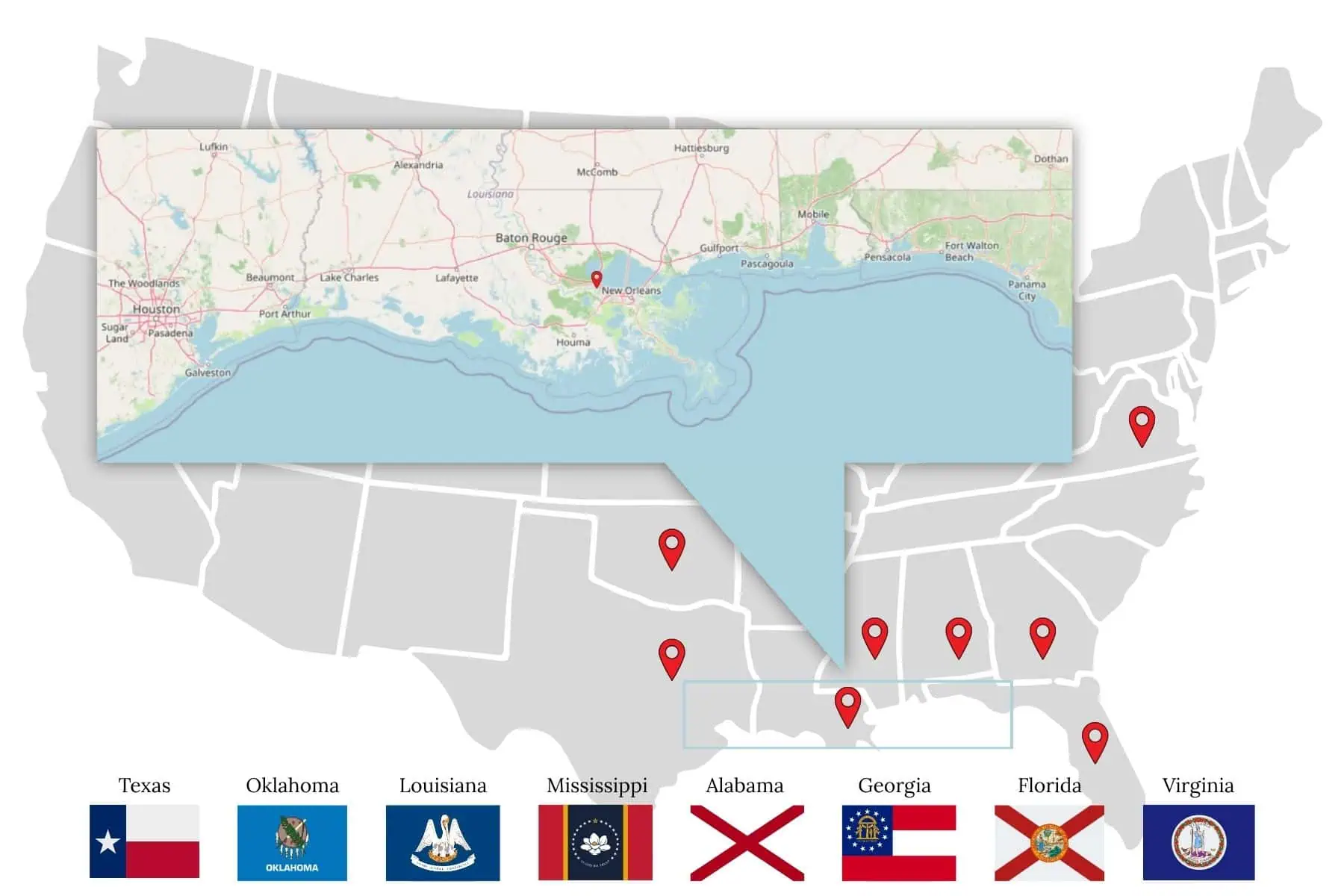 A map highlights the Gulf Coast region in the southern U.S., showing specific locations in Texas, Oklahoma, Louisiana, Mississippi, Alabama, Georgia, Florida, and Virginia, which is where Marcel Lashover is licensed to sell insurance. A map highlights the Gulf Coast region in the southern U.S., showing specific locations in Texas, Oklahoma, Louisiana, Mississippi, Alabama, Georgia, Florida, and Virginia.