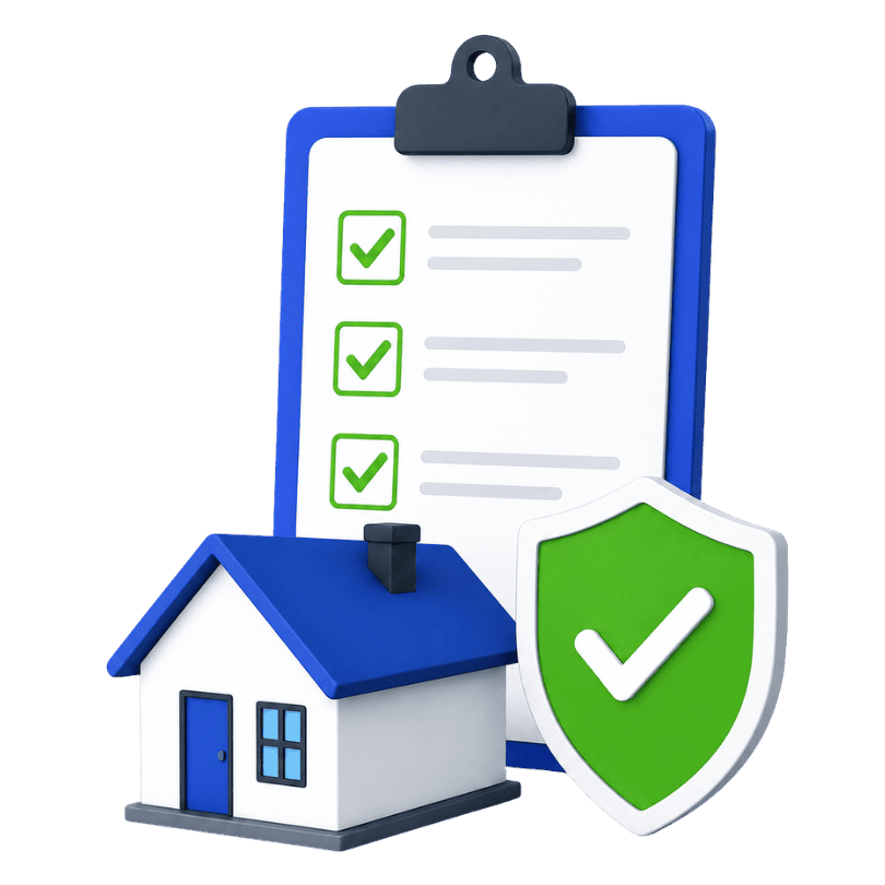 3D illustration of a clipboard with checklists, a small house, and a green shield with a checkmark, symbolizing home security and completed requirements.