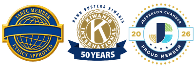 Three circular badges: LAREC Ethics Approved, 50 Years of Kiwanis International, and 2026 Jefferson Chamber Proud Member.