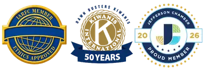 Three circular badges: LAREC Ethics Approved, 50 Years of Kiwanis International, and 2026 Jefferson Chamber Proud Member.